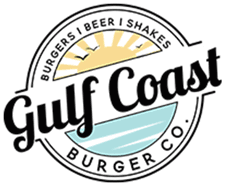Logo reading Gulf Coast Burger Company with sun, birds, waves, and text: Burgers, Beer, Shakes.