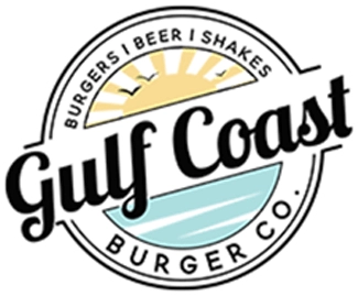 Gulf Coast Burger Co. logo: sun, birds, water; restaurant serving burgers, beer, and shakes.